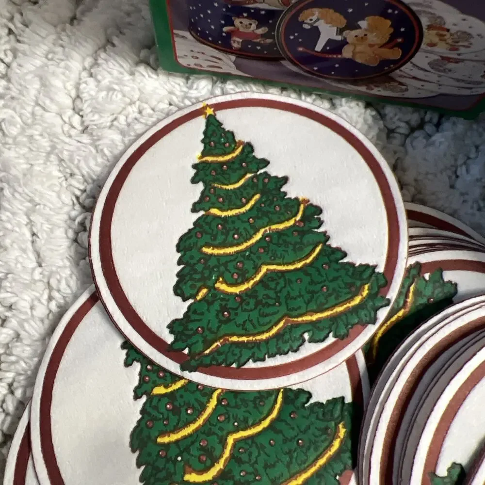 Vintage Set of 100 Paper Coasters Christmas Trees & Santa Claus Drink Party 3.5”